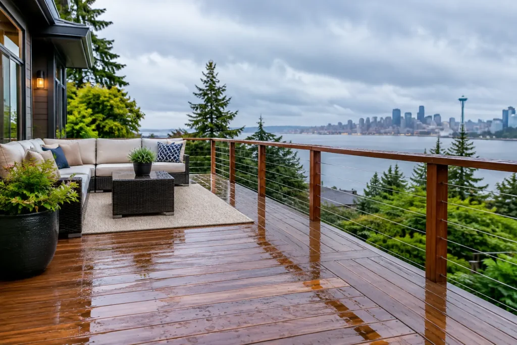 Rainy deck with city skyline view