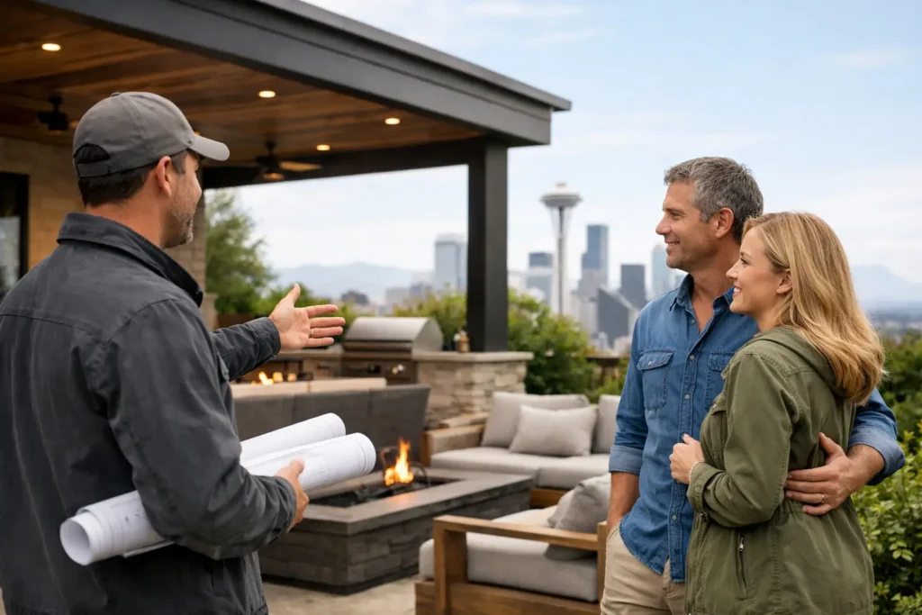 Couple discussing plans with contractor outdoors.