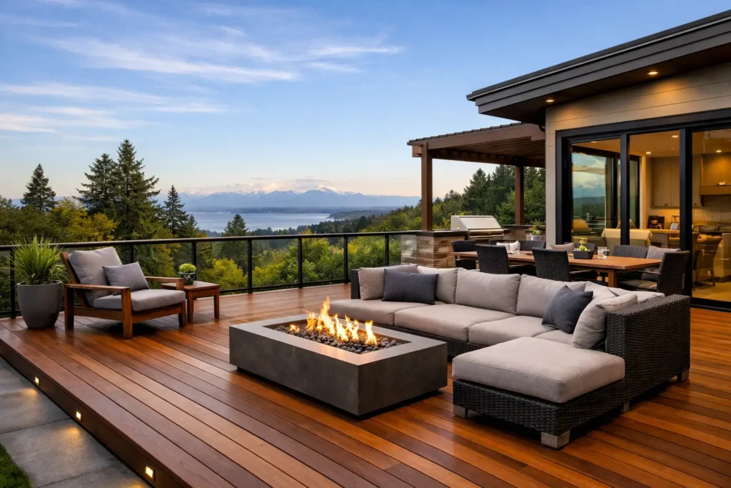 Modern deck with fire pit and view