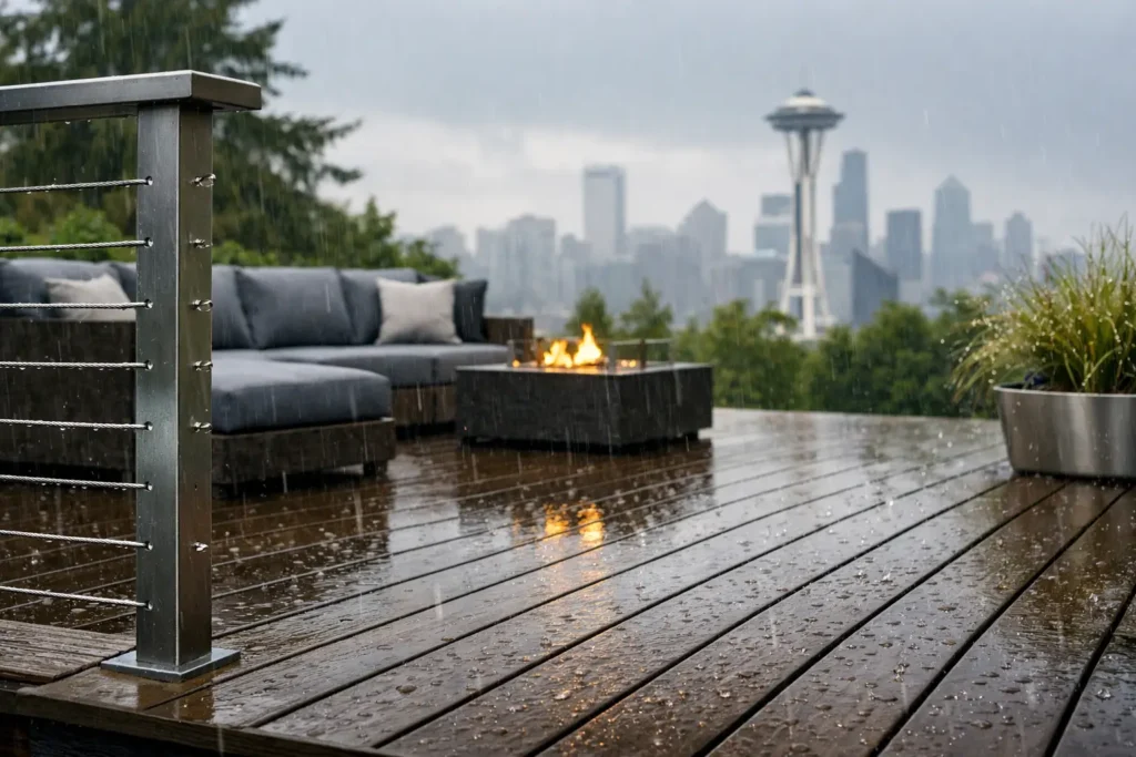 Rainy deck with city skyline view