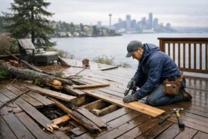 Man repairing storm-damaged wooden deck