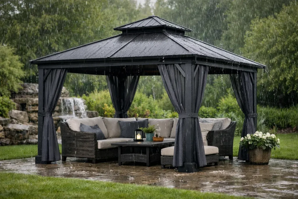 Stylish gazebo in rainy weather.