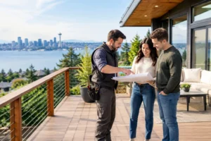 Couple discussing plans with contractor outdoors.