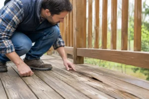 Man inspecting wooden deck for damage