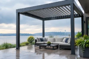 Modern pergola with rain protection seating