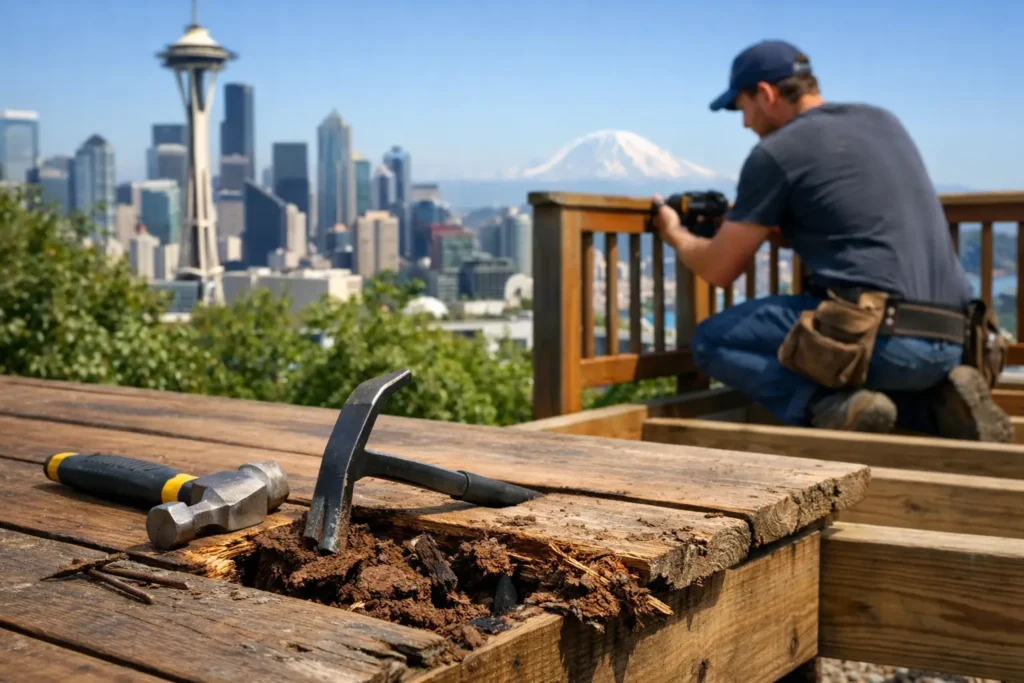 Man repairing rotting wooden deck