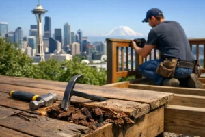 Man repairing rotting wooden deck