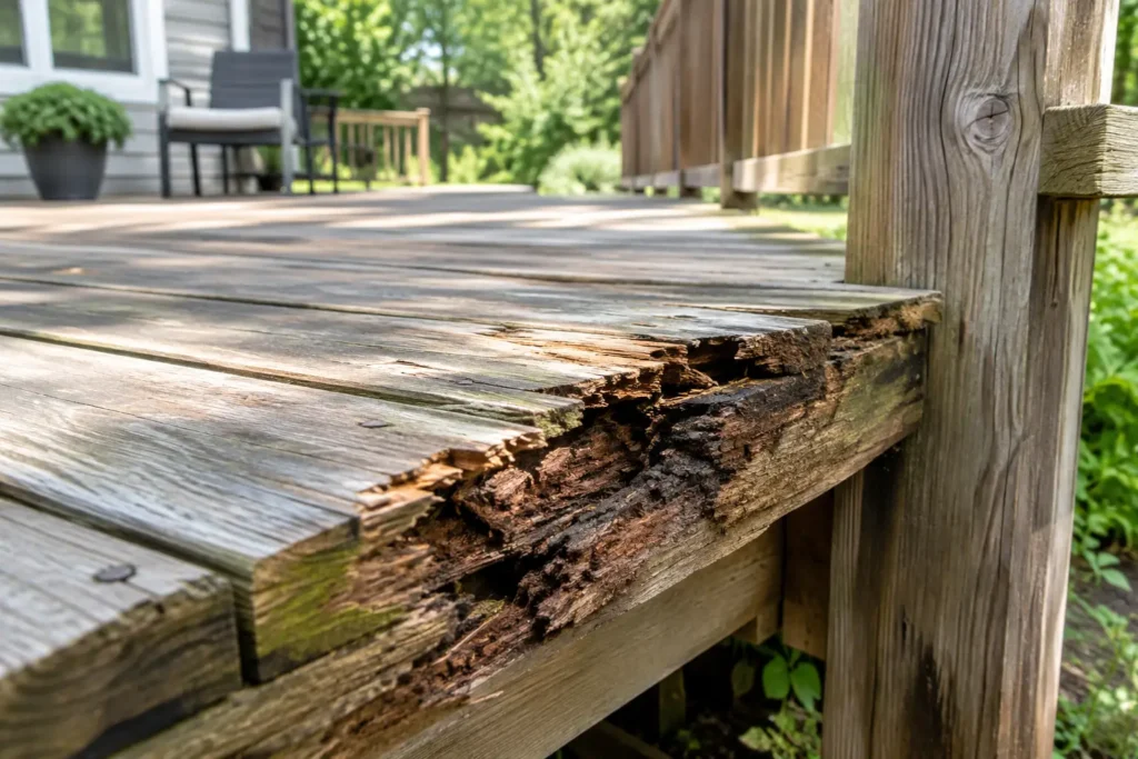 Damaged wooden deck with rot